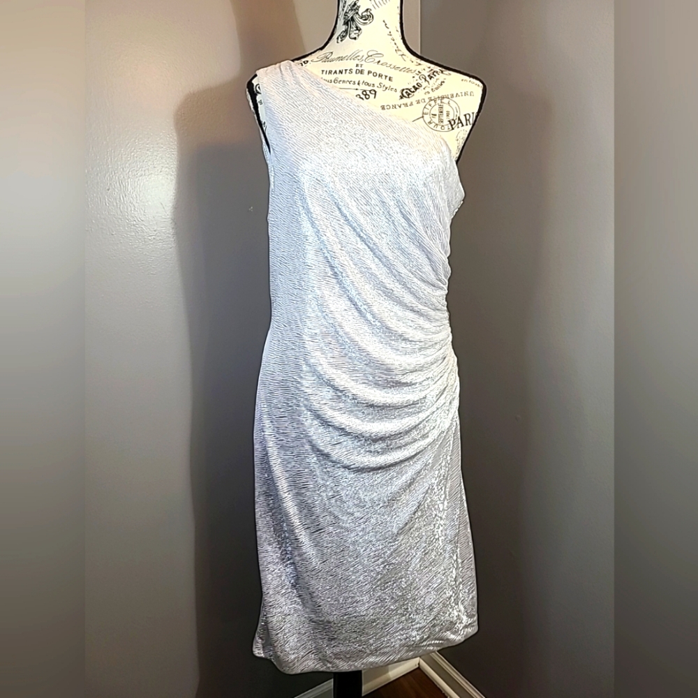Calvin Klein silver one shoulder with beaded side cocktail party dress size 12